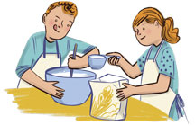 A boy and a girl bake together.