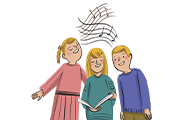 Three kids stand together and sing.