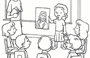 A girl holds up a picture of Jesus while other kids watch.