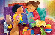 Illustration of children looking at a book