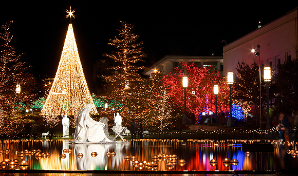 Nativity and Christmas light displays on Temple Square