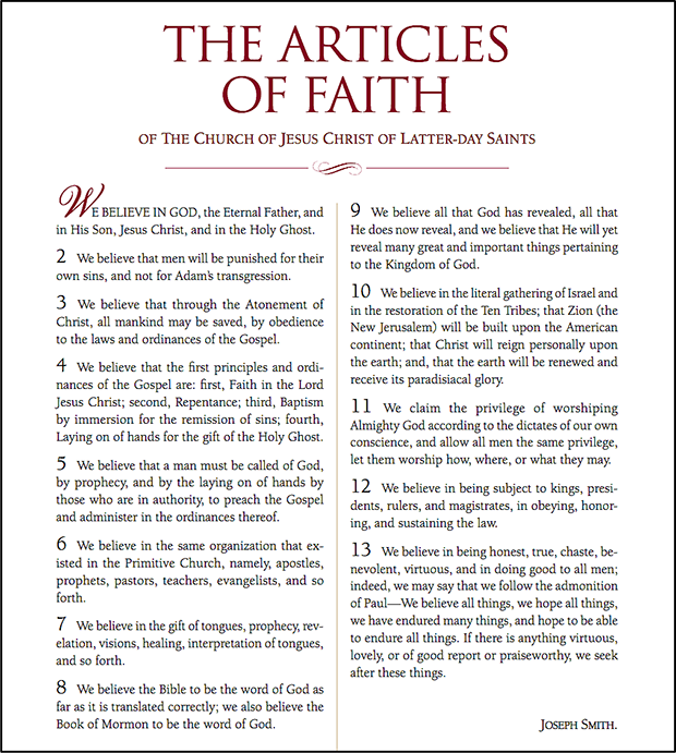 Articles of faith published 175 years ago church news and events