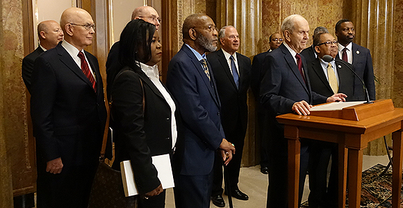 The First Presidency joined together with leaders of the NAACP Thursday, May 17, to call for increased civility, harmony, and respect. Photo by Ravell Call, Deseret News.