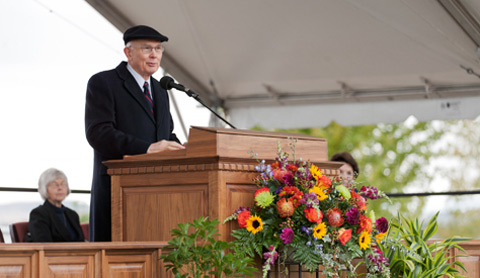 Elder Oaks at pulpit for Payson Utah Temple Groundbreaking