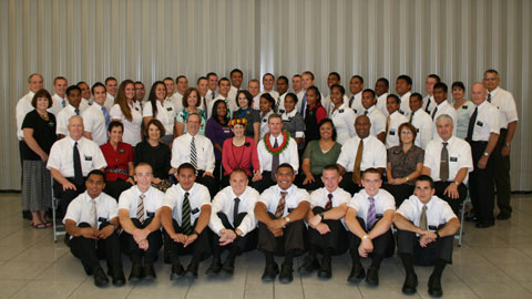 Elder Bednar with missionaries in the Marshall Islands