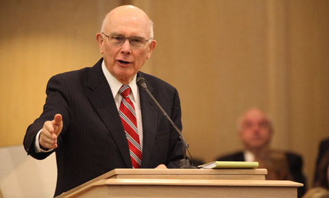 Elder Oaks at a pulpit in Seattle