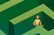 Ilustración de un joven recorriendo un laberinto verde.