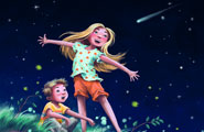 A boy and a girl sitting on a hill looking up at the sky a night.