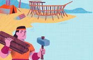 Nephi holding a hammer, pieces of wood, and the frame of a ship that he is building in the background.