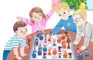 Children stand around a chess board. Two are playing.