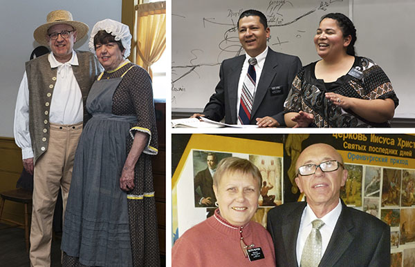 senior missionary couple with young women