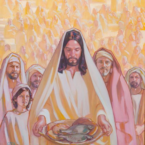 Jesus with loaves and fishes, with a crowd behind Him