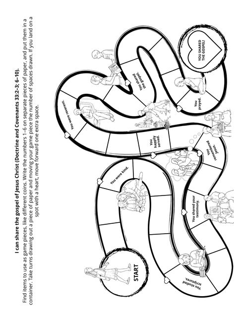 Line art illustration of a game board to help Primary-age children learn how to share the gospel.