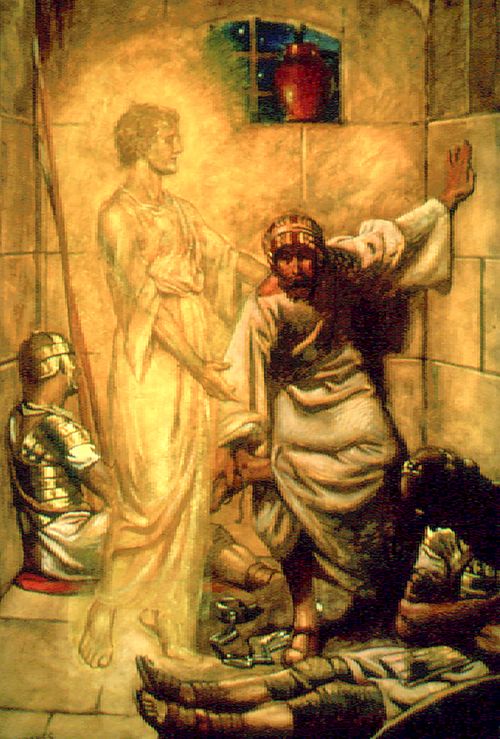 A painting of an angel delivering Peter from prison, with a prison guard lying unconscious on the ground.