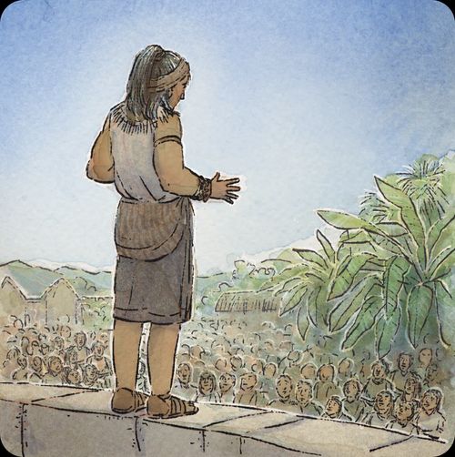 A young Jesus visits the Nephites. He is standing on a wall looking at the people.  There are trees in the background with a blue sky.