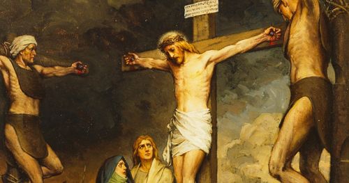 Jesus Christ and the two thieves depicted during the Crucifixion. The Apostle John is standing below the cross of Christ. Mary, the mother of Christ is standing beside John. Two other women are kneeling at the base of the cross. There are Roman soldiers and Jews standing in the background.