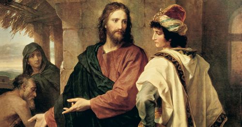 Painting depicts Jesus instructing the rich young ruler to sell all that he has.