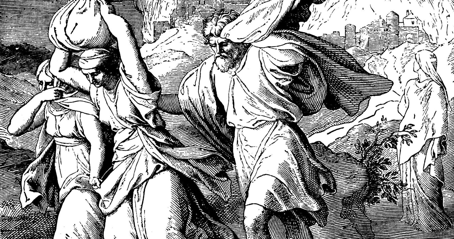 "Fleeing Sodom and Gomorrah" by Julius Schnorr von Carolsfeld.  Foster Bible Pictures 0031-1.