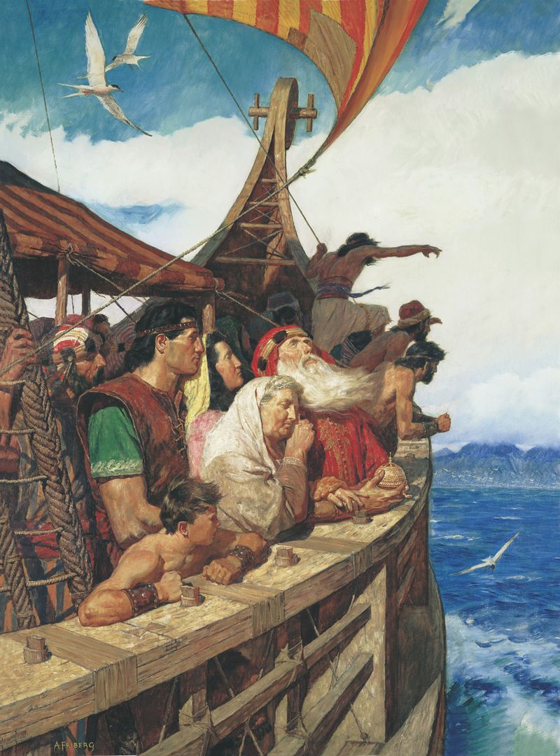 Lehi and his family from the Book of Mormon sail to the promised land
