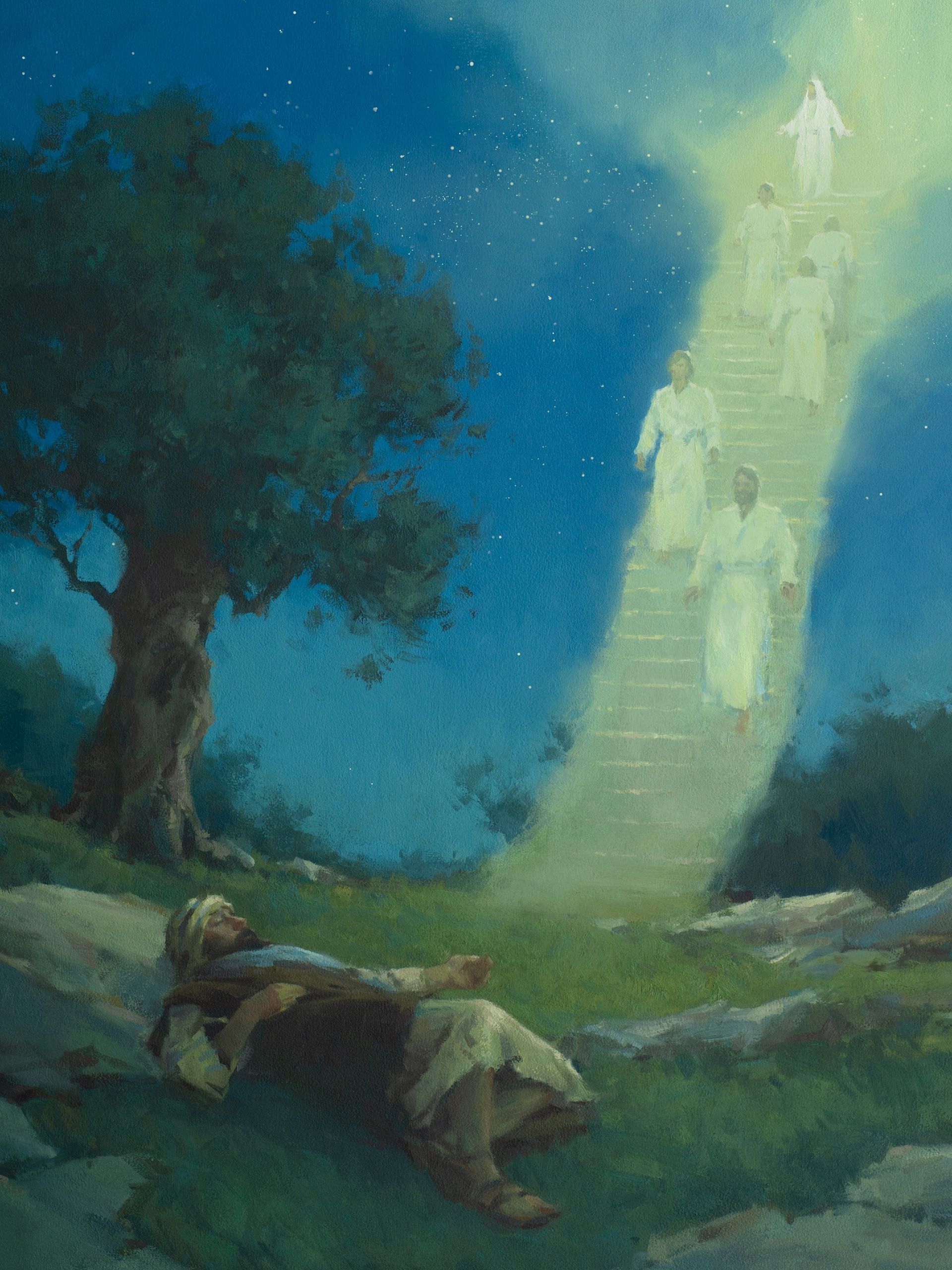 The Old Testament prophet Jacob (Israel) lying asleep under a tree. A depiction of Jacob's dream of a ladder and angels descending from heaven is portrayed in the background.