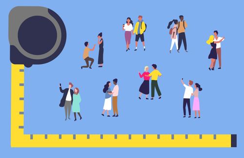 many different couples standing next to a measuring tape