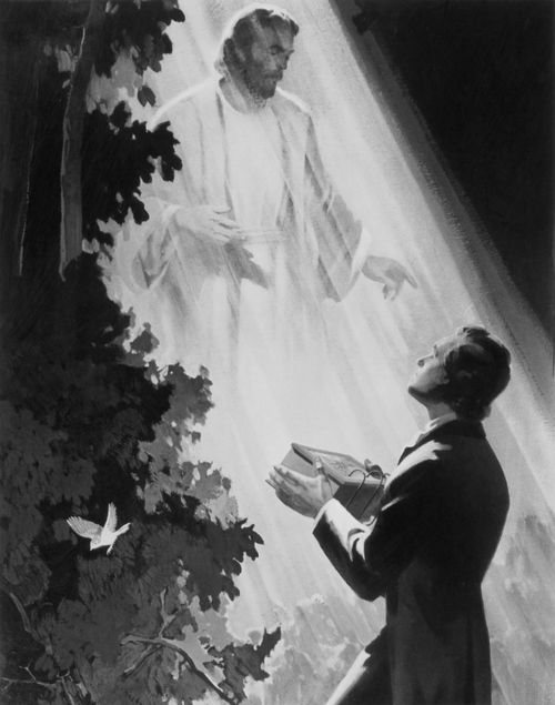 A painting by Edward T. Grigware of Joseph Smith kneeling and holding the gold plates as the angel Moroni stands in a shaft of light above him.