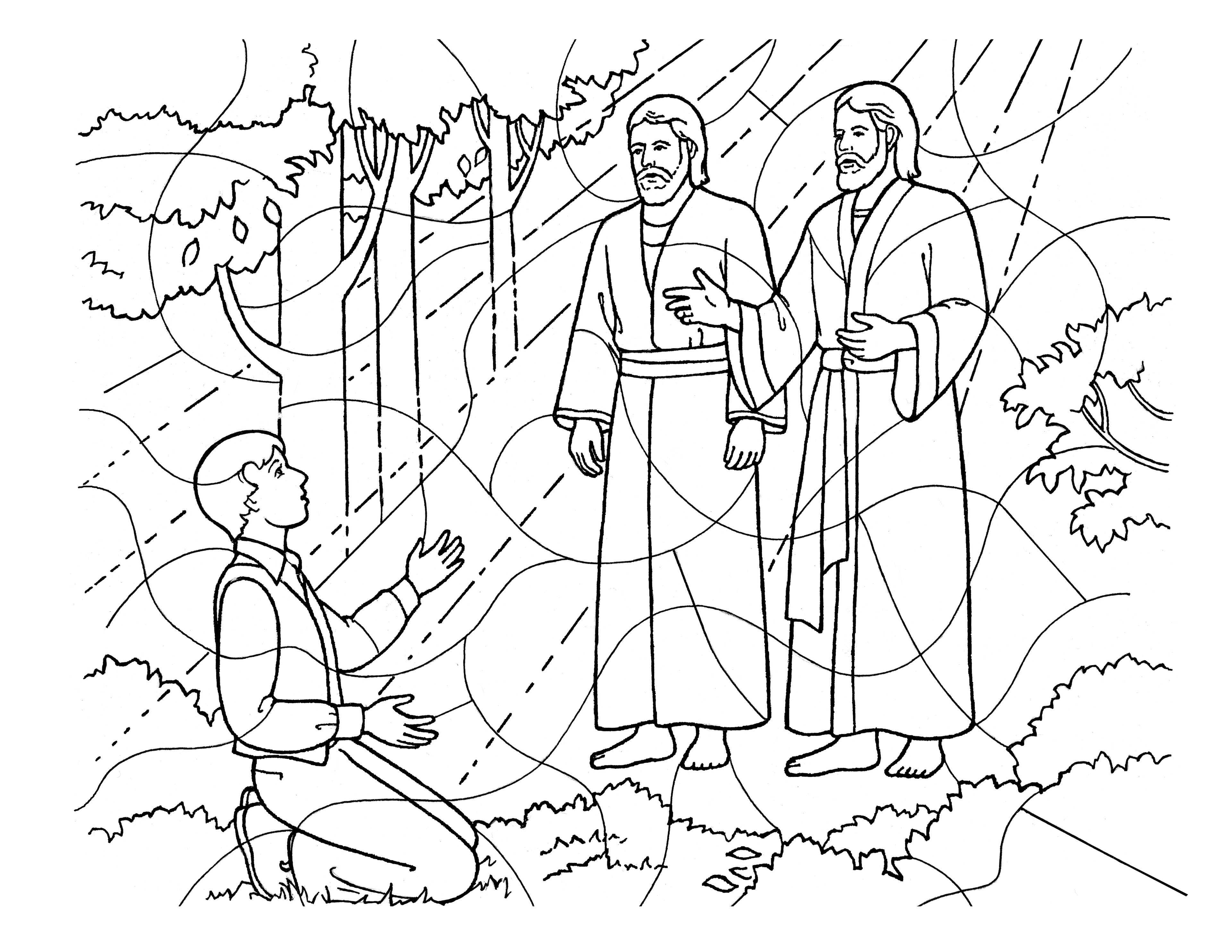 A coloring page of Heavenly Father and Jesus Christ appearing to Joseph Smith.