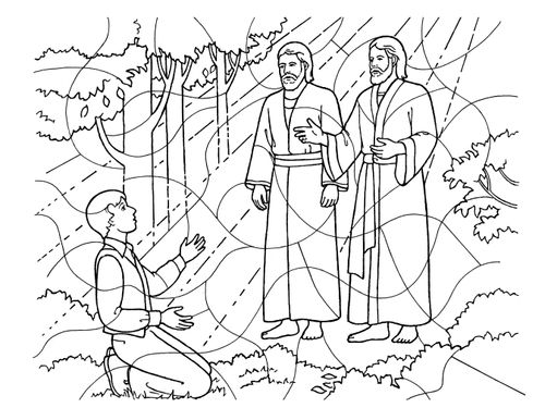 A black-and-white coloring page of Joseph Smith kneeling in the Sacred Grove and Heavenly Father and Jesus Christ appearing to him.