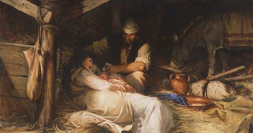 Josef, Maria og Jesusbarnet i en stald