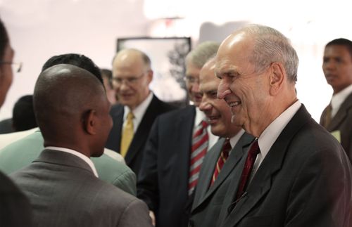 then-Elder Russell M. Nelson and other Church leaders at conference in Madagascar