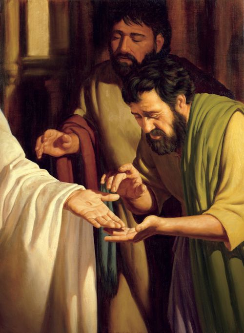 A painting of two Apostles looking at the wounds in Jesus’s hands and feet after He was resurrected.