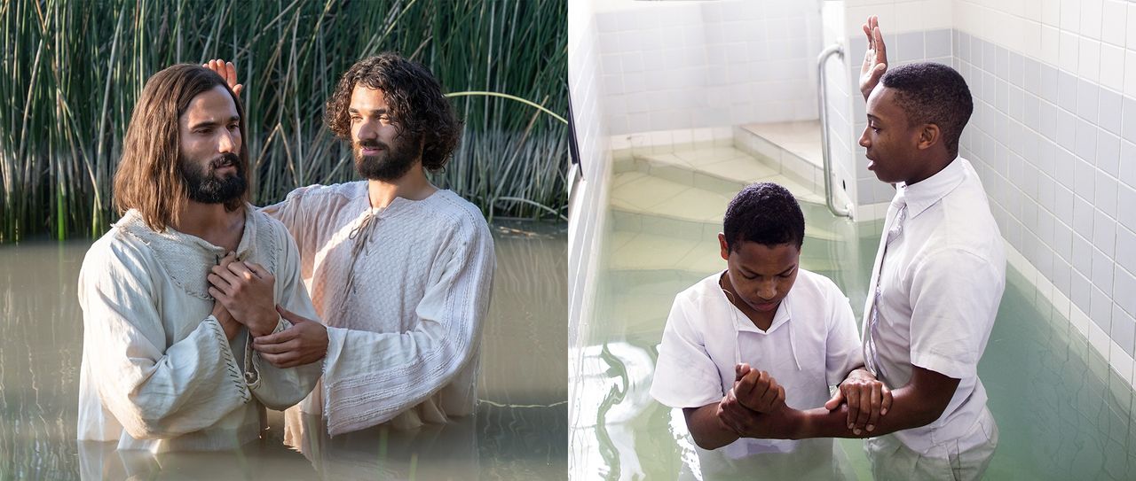 A side by side comparison of Jesus getting baptized and someone getting baptized as a member of The Church of Jesus Christ of Latter-day Saint