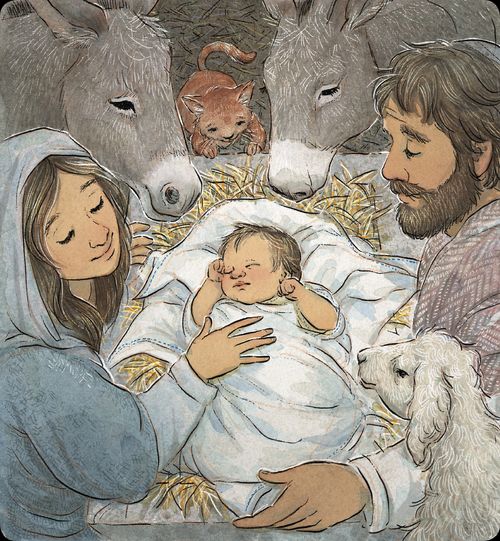 Mary and Joseph looking at the baby Jesus lying in a manger with barn animals around them.