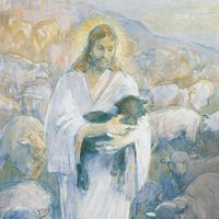 Christ, dressed in white, is portrayed as a shepherd.  He is holding a dark colored lamb while many light colored sheep follow behind him.  Illustrating the parable of the lost lamb, this canvas giclée depicts a flock of white sheep grazing on a grassy hill beside a stream. Clothed in a white robe with a crown of light on his head, Christ stands as the good shepherd, compassionately caring for the black lamb cradled in his arms. (Matthew 18:11-14).