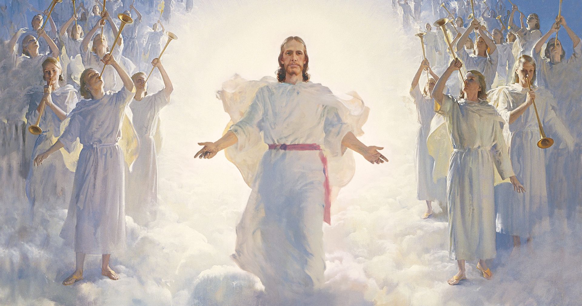 The resurrected Jesus Christ (wearing white robes with a magenta sash) standing above a large gathering of clouds. Christ has His arms partially extended. The wounds in the hands of Christ are visible. Numerous angels (each blowing a trumpet) are gathered on both sides of Christ. A desert landscape is visible below the clouds. The painting depicts the Second coming of Christ. (Acts 1:11)
