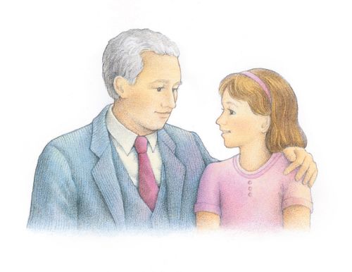 A watercolor illustration of a bishop with silver hair who has put his arm around the shoulders of a girl who is looking toward him.