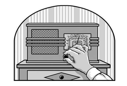 рука, поворачивающая ручку настройки на радиоприемнике 1940-х годов