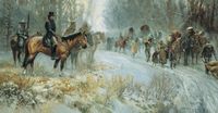 Brigham Young leading a group of pioneers through a snow covered landscape. Some of the pioneers are riding horses, some are walking and others are riding in covered wagons. There are trees in the background.