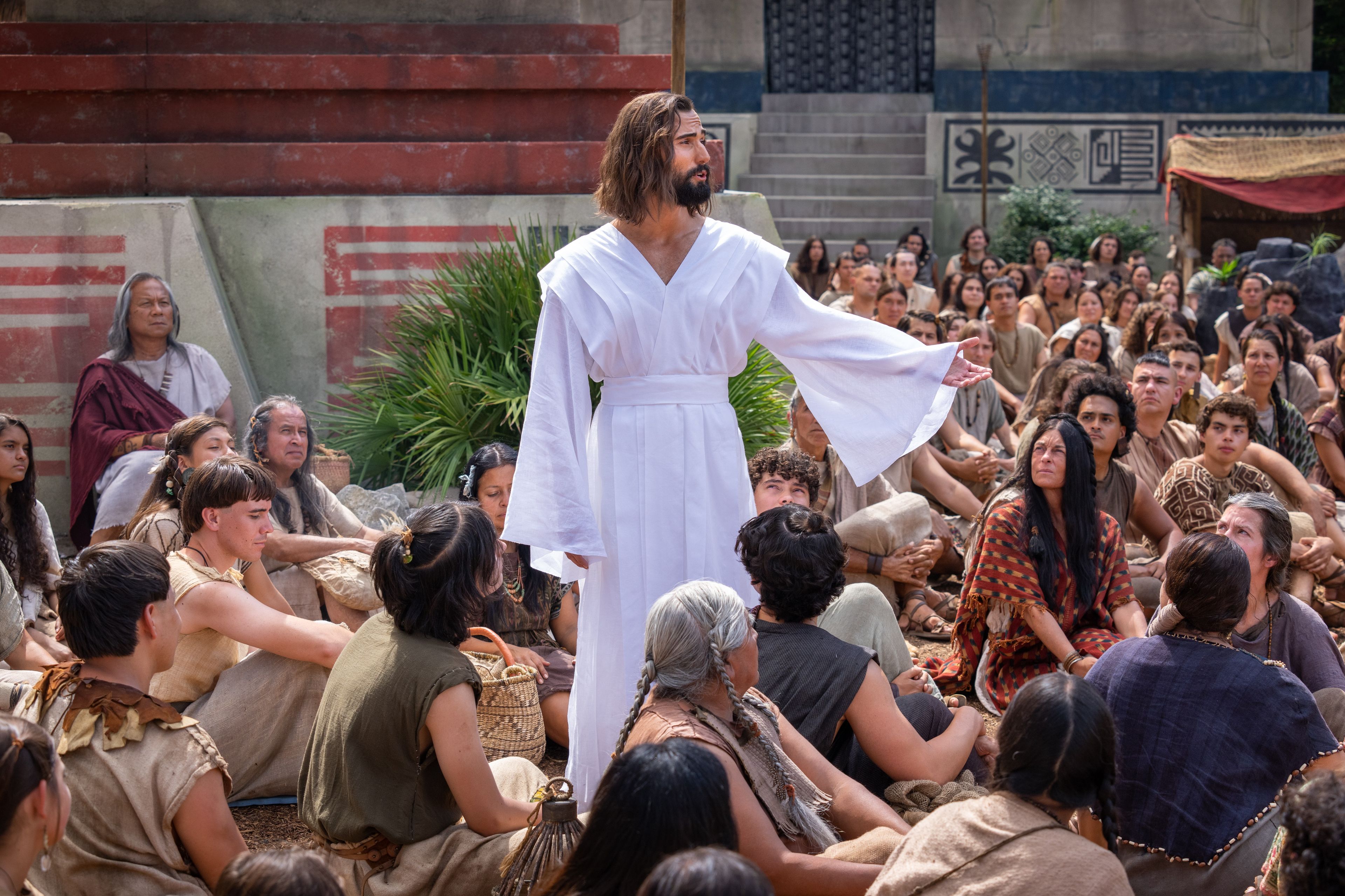 Jesus Christ teaches the higher law to Nephites outside of the Bountiful Temple.
