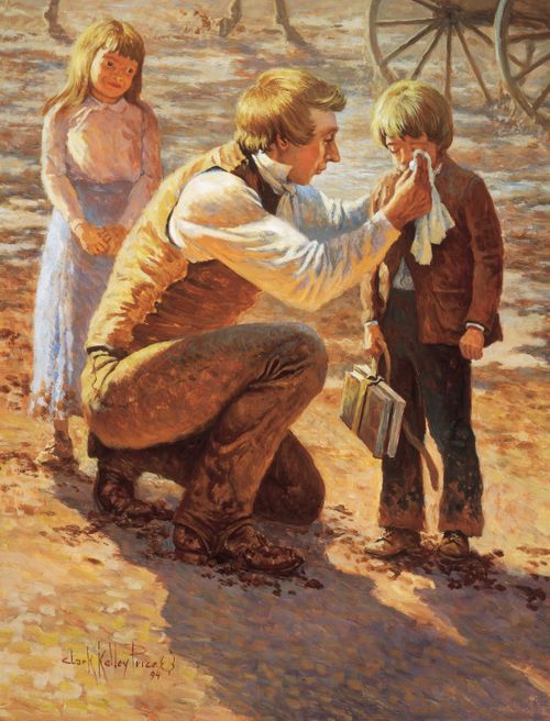 A painting by Clark Kelley Price of the Prophet Joseph Smith kneeling on one knee and wiping the tears of a little boy standing next to him.
