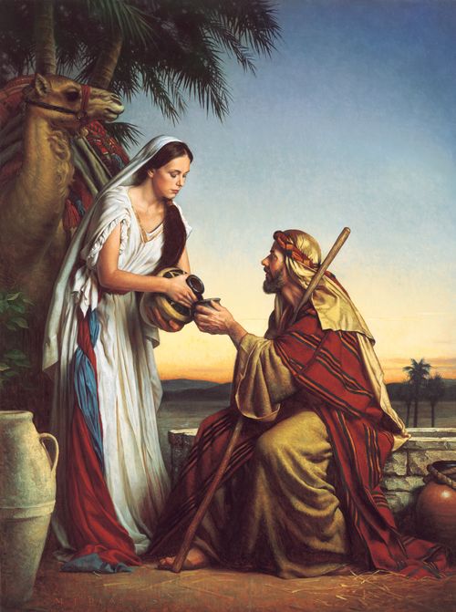 A painting by Michael Deas of Rebekah standing near a well and pouring water from a vessel for Abraham’s servant.
