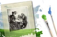 composite of older photo and paint brushes with paint on them.