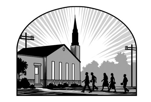 Jugendliche betreten am frühen Morgen ein Kirchengebäude