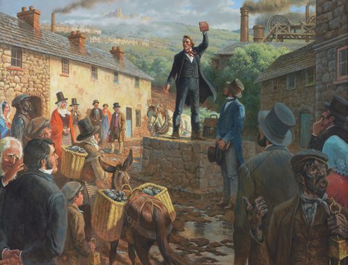 Gemälde von Dan Jones, der mit einem Buch Mormon in der Hand auf einer Steinmauer steht und einigen Menschen predigt