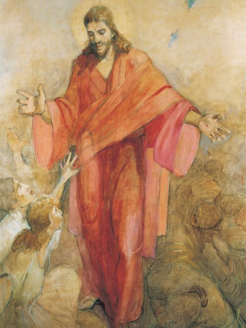 Painting depicts Christ ministering among the people while dressed in a red robe.