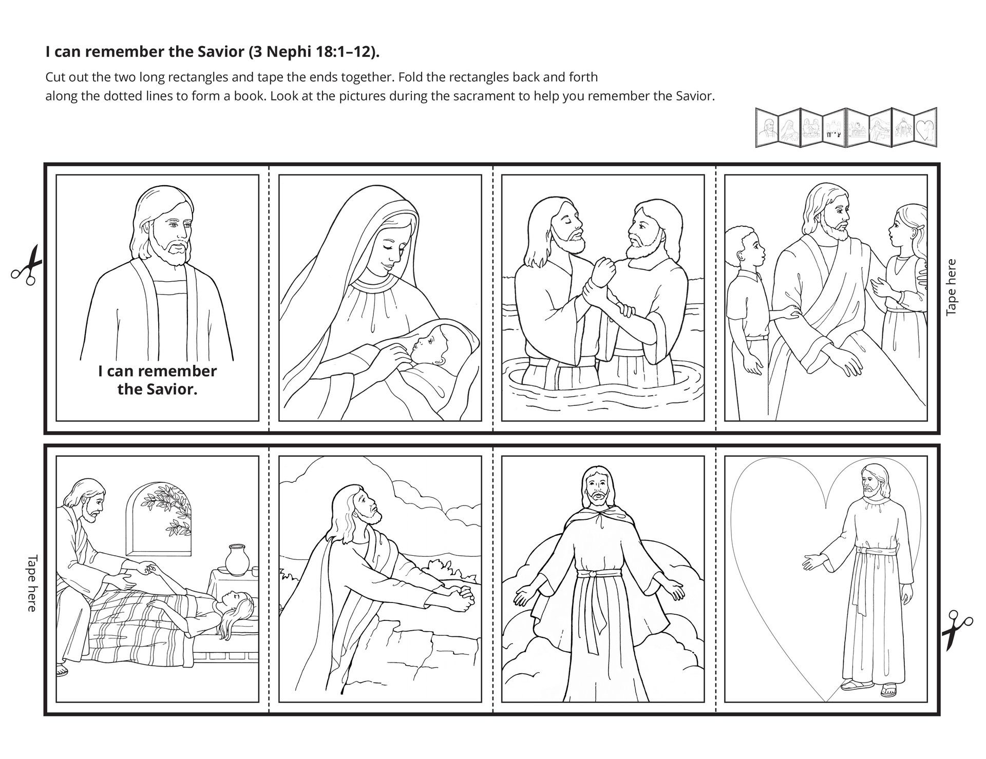 A line-art activity showing ways to remember the Savior.
