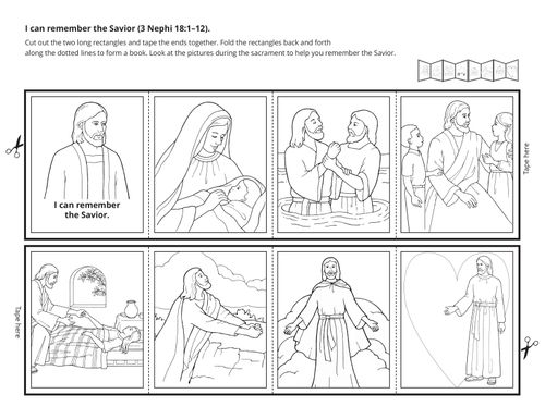 A line-art activity that folds into a book, showing different pictures of the Savior.