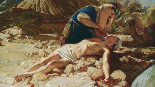 the good Samaritan helping a wounded man
