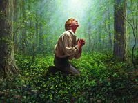 Joseph Smith in the Sacred Grove looking up at a light.