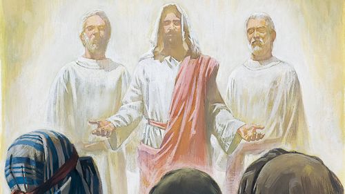 Jesucristo se aparece en Su gloria junto con Moisés y Elías a Pedro, Santiago y Juan